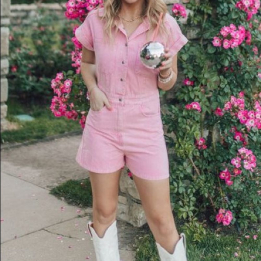 Pink denim romper
